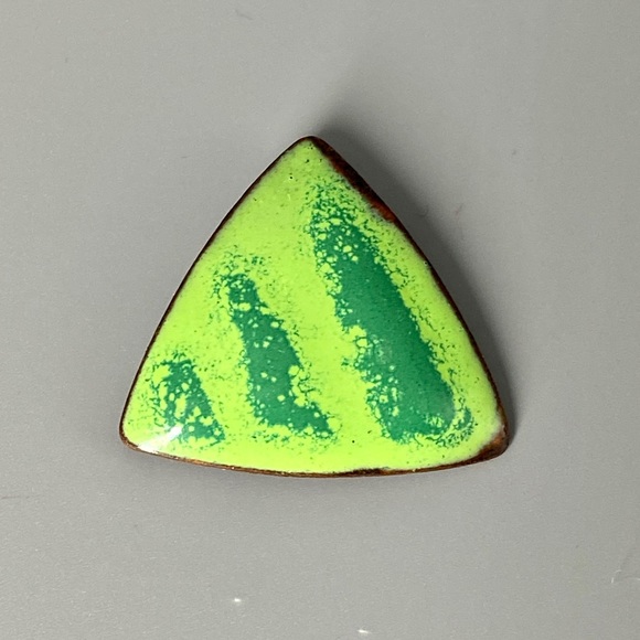 Vintage Enamel Copper Triangle Pin One of a Kind Green Lime & Kelly - Picture 2 of 9